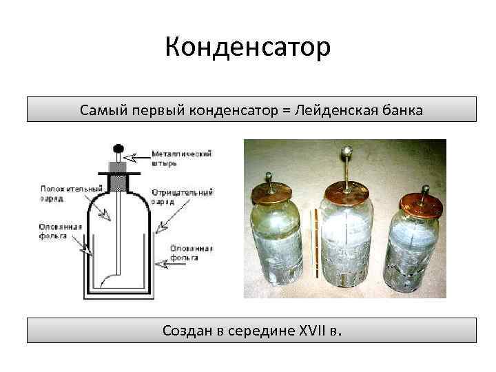 Конденсатор Самый первый конденсатор = Лейденская банка Создан в середине XVII в. 