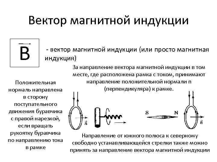 Вектор магнитной индукции B - вектор магнитной индукции (или просто магнитная индукция) Положительная нормаль