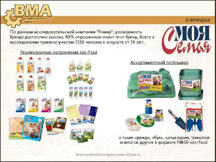 О БРЕНДАХ По данным исследовательской компании "Ромир", узнаваемость бренда достаточно высока. 89% опрошенных знают