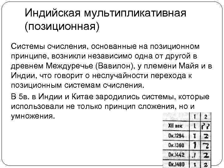 Индийская мультипликативная (позиционная) Системы счисления, основанные на позиционном принципе, возникли независимо одна от другой