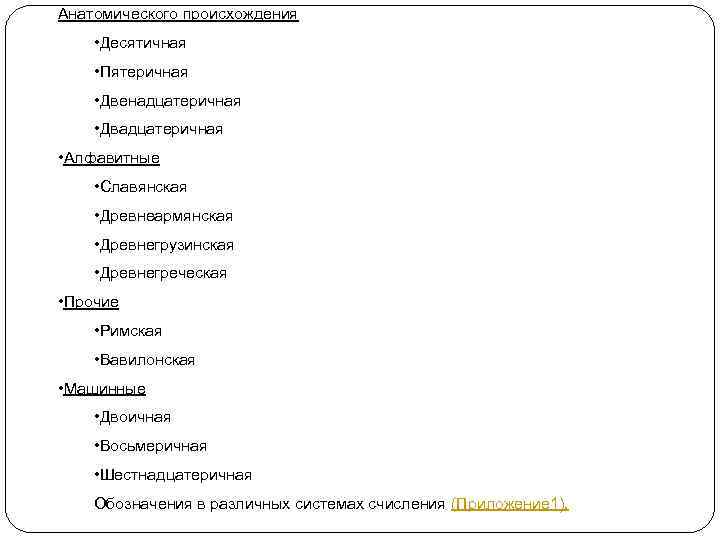 Анатомического происхождения • Десятичная • Пятеричная • Двенадцатеричная • Двадцатеричная • Алфавитные • Славянская