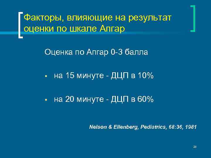 Факторы, влияющие на результат оценки по шкале Апгар Оценка по Апгар 0 -3 балла