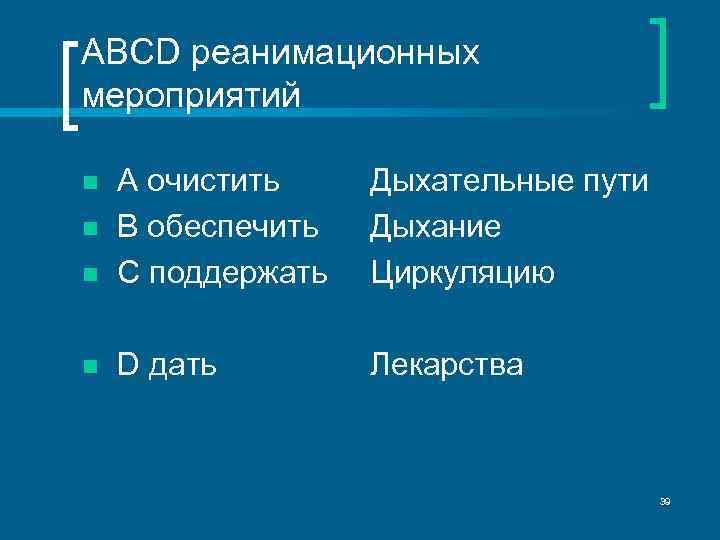 ABCD реанимационных мероприятий n A очистить B обеспечить C поддержать Дыхательные пути Дыхание Циркуляцию