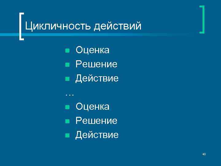 Цикличность действий n n n Оценка Решение Действие … n n n Оценка Решение