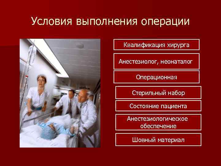 Условия выполнения операции Квалификация хирурга Анестезиолог, неонаталог Операционная Стерильный набор Состояние пациента Анестезиологическое обеспечение