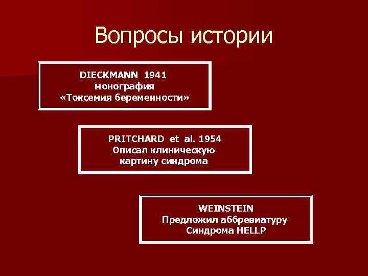 Вопросы истории DIECKMANN 1941 монография «Токсемия беременности» PRITCHARD et al. 1954 Описал клиническую картину