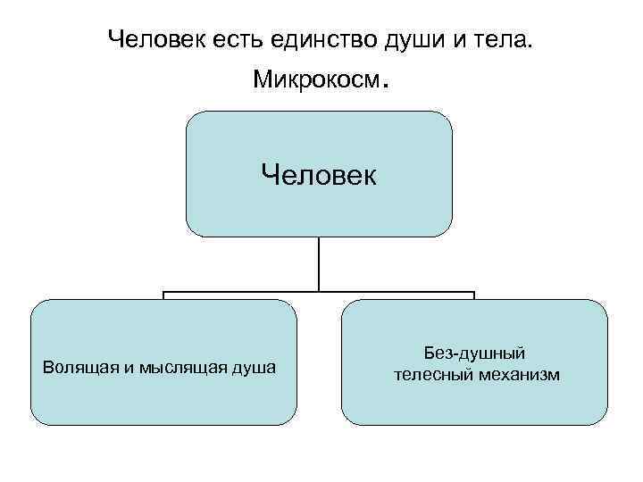 Человек есть единство души и тела. Микрокосм. Человек Волящая и мыслящая душа Без-душный телесный