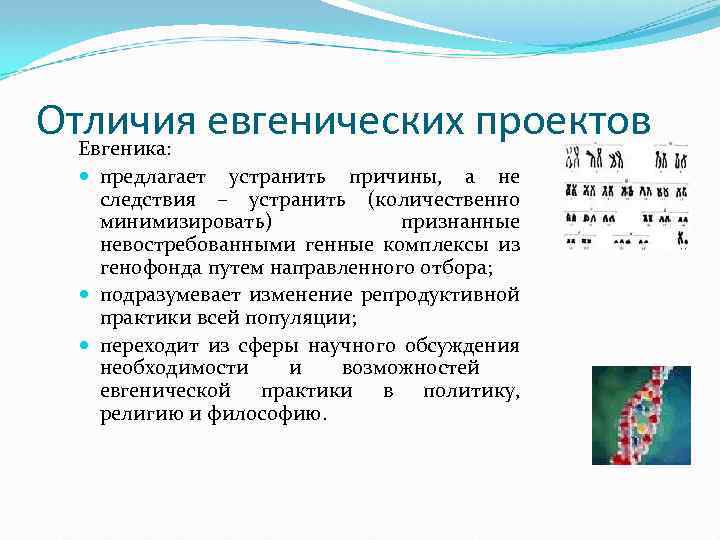 Отличия евгенических проектов Евгеника: предлагает устранить причины, а не следствия – устранить (количественно минимизировать)