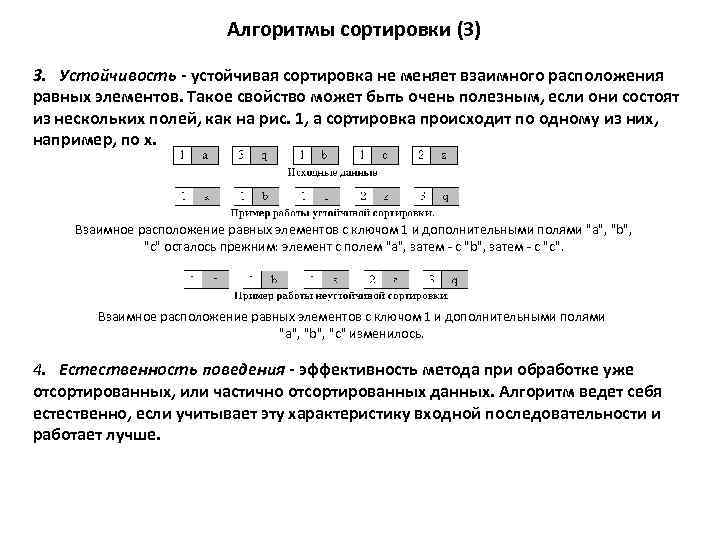 Алгоритмы сортировки (3) 3. Устойчивость - устойчивая сортировка не меняет взаимного расположения равных элементов.