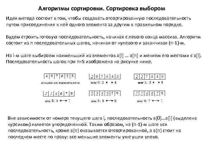 Алгоритмы сортировки. Сортировка выбором Идея метода состоит в том, чтобы создавать отсортированную последовательность путем