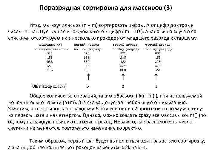 Поразрядная сортировка для массивов (3) Итак, мы научились за (n + m) сортировать цифры.