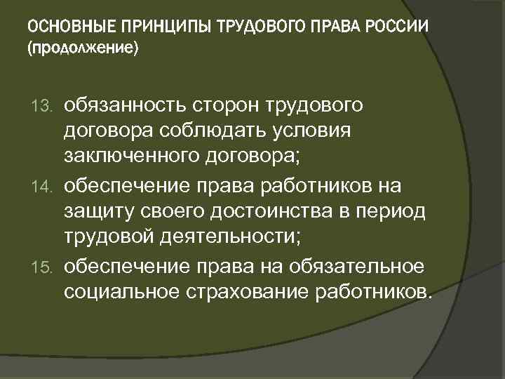 ОСНОВНЫЕ ПРИНЦИПЫ ТРУДОВОГО ПРАВА РОССИИ (продолжение) обязанность сторон трудового договора соблюдать условия заключенного договора;