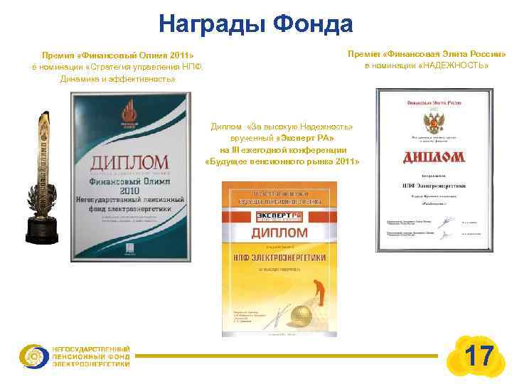 Награды Фонда Премия «Финансовый Олимп 2011» в номинации «Стратегия управления НПФ. Динамика и эффективность»