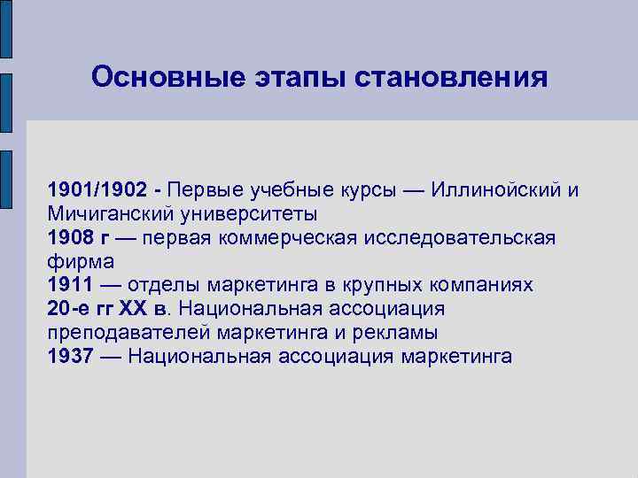 Основные этапы становления 1901/1902 - Первые учебные курсы — Иллинойский и Мичиганский университеты 1908