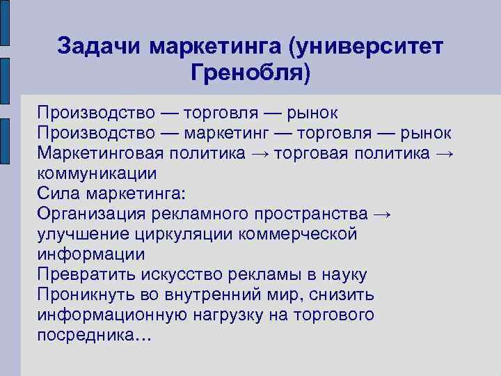 Задачи маркетинга (университет Гренобля) Производство — торговля — рынок Производство — маркетинг — торговля