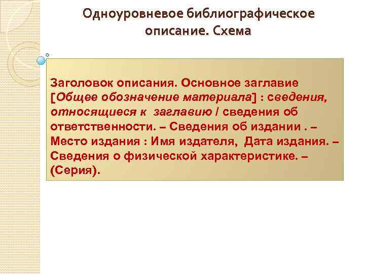 Приведено описание. Одноуровневое библиографическое описание. Схема одноуровневого библиографического описания. Одноуровневое библиографическое описание под заглавием. Схема одноуровневого описания.