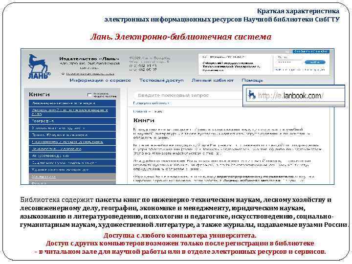 Краткая характеристика электронных информационных ресурсов Научной библиотеки Сиб. ГТУ Лань. Электронно-библиотечная система Библиотека содержит