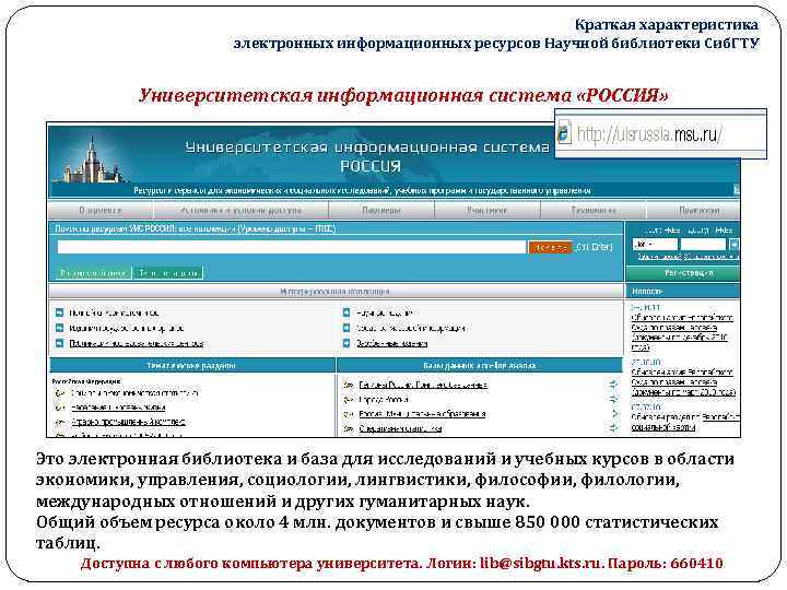Краткая характеристика электронных информационных ресурсов Научной библиотеки Сиб. ГТУ Университетская информационная система «РОССИЯ» Это