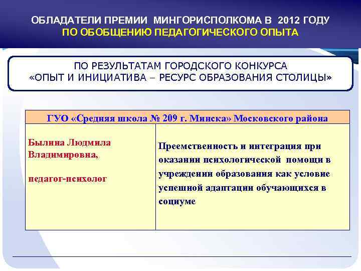 ОБЛАДАТЕЛИ ПРЕМИИ МИНГОРИСПОЛКОМА В 2012 ГОДУ ПО ОБОБЩЕНИЮ ПЕДАГОГИЧЕСКОГО ОПЫТА ПО РЕЗУЛЬТАТАМ ГОРОДСКОГО КОНКУРСА