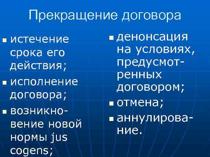 Прекращение договора истечение срока его действия; n исполнение договора; n возникновение новой нормы jus
