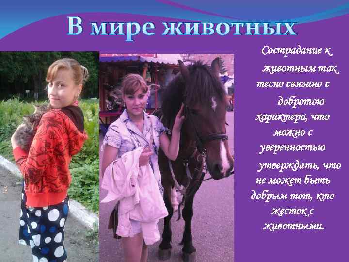 В мире животных Сострадание к животным так тесно связано с добротою характера, что можно