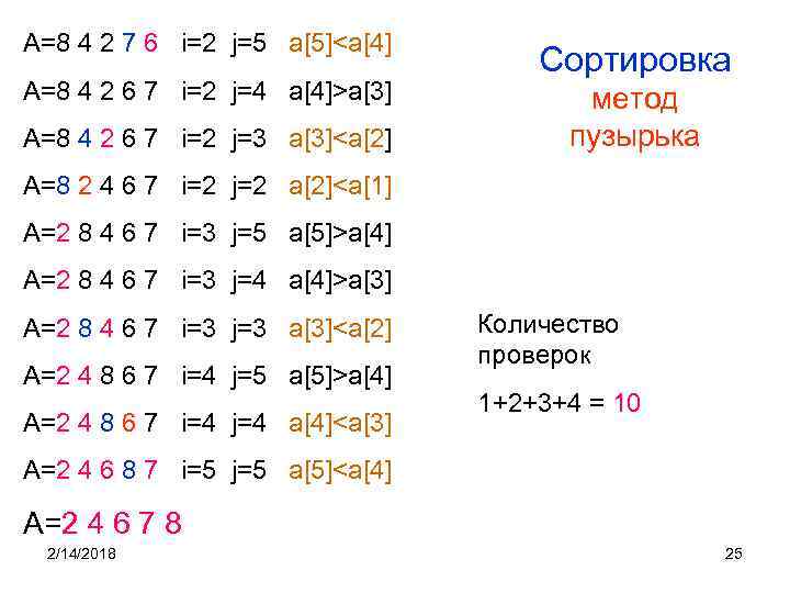 A=8 4 2 7 6 i=2 j=5 a[5]<a[4] A=8 4 2 6 7 i=2