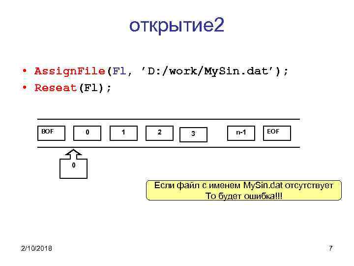 открытие 2 • Assign. File(Fl, ’D: /work/My. Sin. dat’); • Reseat(Fl); BOF 0 1