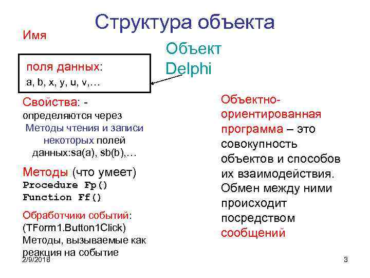 Имя Структура объекта поля данных: a, b, x, y, u, v, … Свойства: определяются