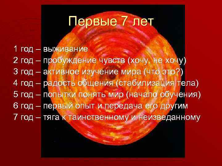 Первые 7 лет 1 год – выживание 2 год – пробуждение чувств (хочу, не