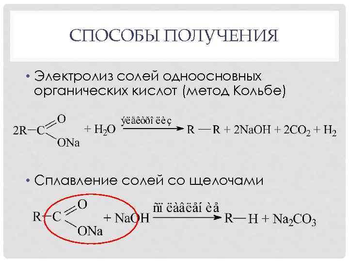 СПОСОБЫ ПОЛУЧЕНИЯ • Электролиз солей одноосновных органических кислот (метод Кольбе) • Сплавление солей со