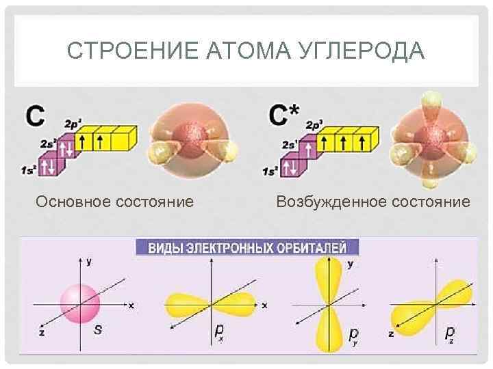 СТРОЕНИЕ АТОМА УГЛЕРОДА Основное состояние Возбужденное состояние 