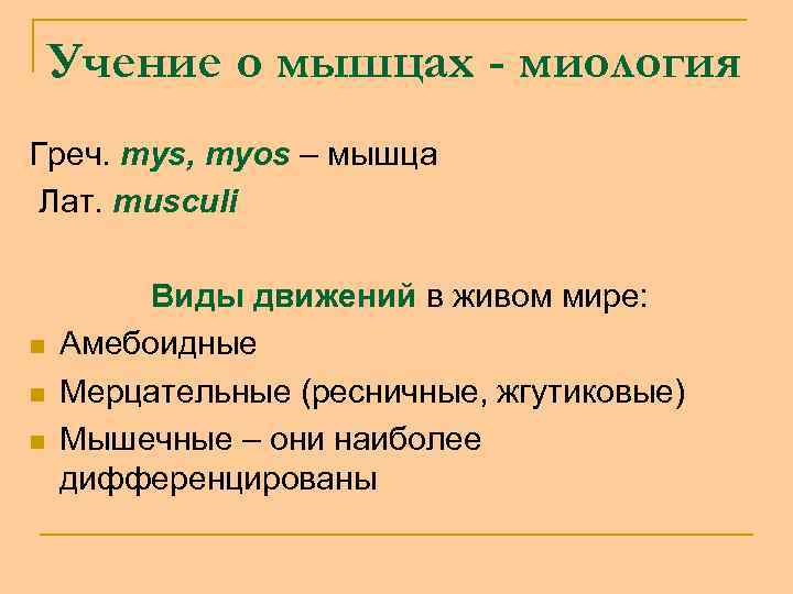 Учение о мышцах - миология Греч. mys, myos – мышца Лат. musculi n n