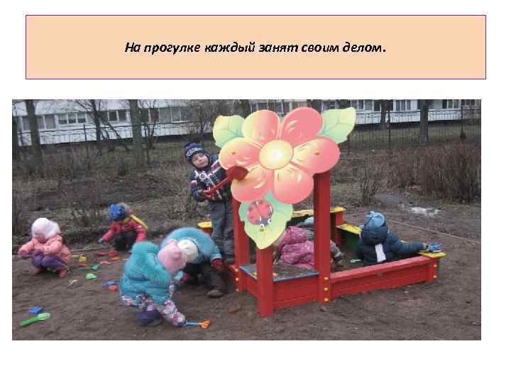 На прогулке каждый занят своим делом. 