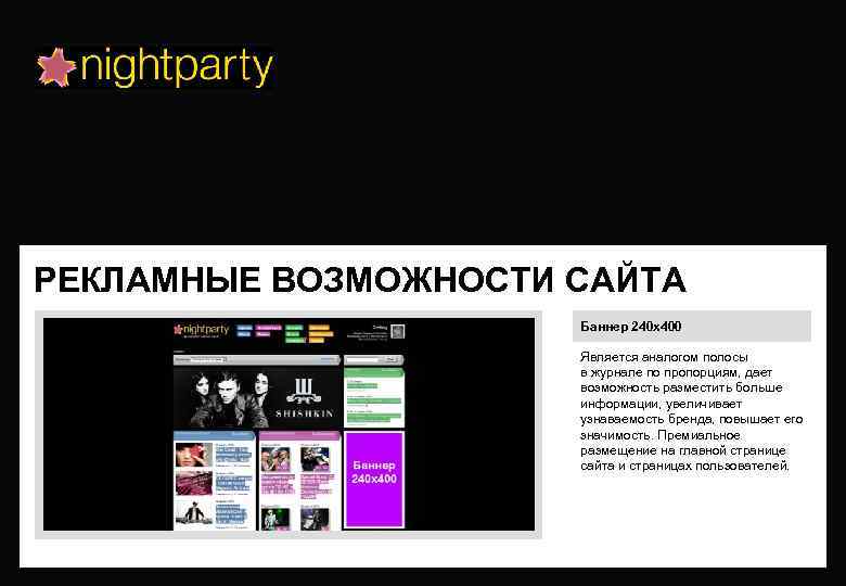 РЕКЛАМНЫЕ ВОЗМОЖНОСТИ САЙТА Баннер 240 х400 Является аналогом полосы в журнале по пропорциям, дает