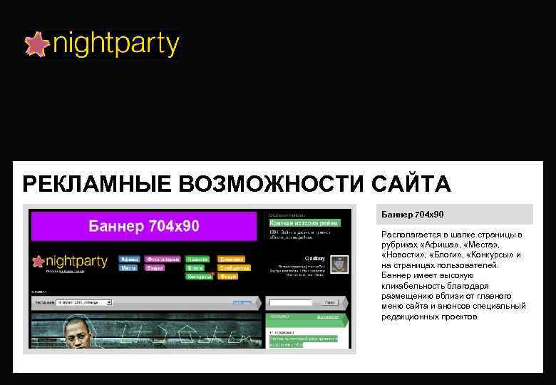 РЕКЛАМНЫЕ ВОЗМОЖНОСТИ САЙТА Баннер 704 х90 Располагается в шапке страницы в рубриках «Афиша» ,