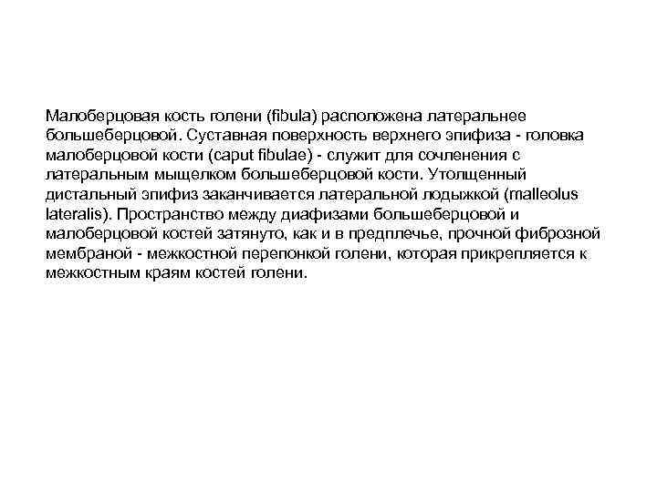 Малоберцовая кость голени (fibula) расположена латеральнее большеберцовой. Суставная поверхность верхнего эпифиза - головка малоберцовой