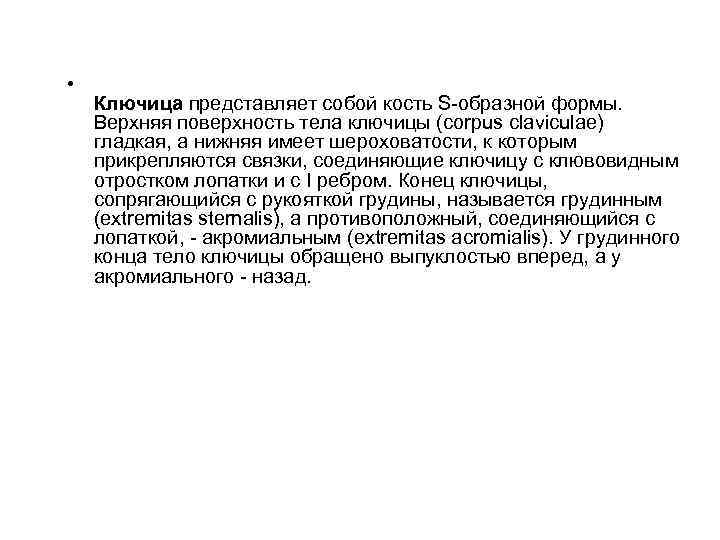  • Ключица представляет собой кость S-образной формы. Верхняя поверхность тела ключицы (corpus claviculae)
