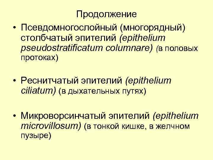 Продолжение • Псевдомногослойный (многорядный) столбчатый эпителий (epithelium pseudostratificatum columnare) (в половых протоках) • Реснитчатый