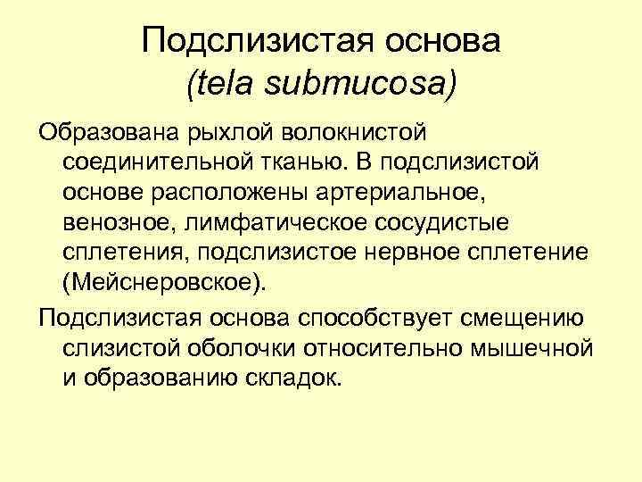 Подслизистая основа (tela submucosa) Образована рыхлой волокнистой соединительной тканью. В подслизистой основе расположены артериальное,