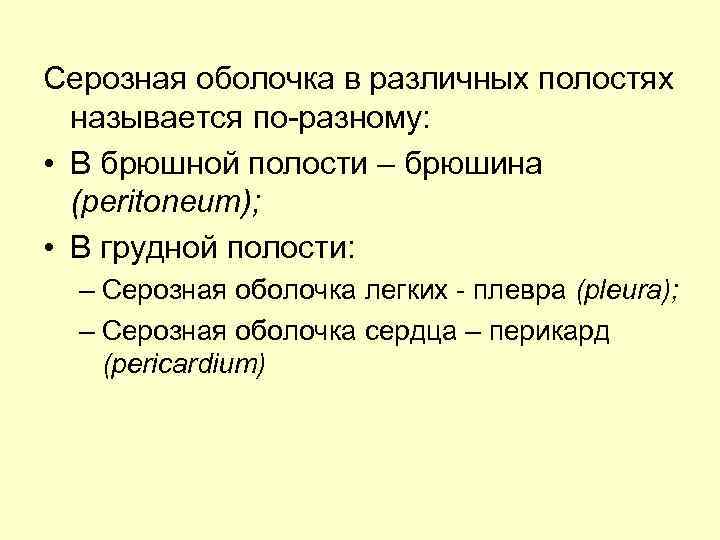 Серозная оболочка в различных полостях называется по-разному: • В брюшной полости – брюшина (peritoneum);