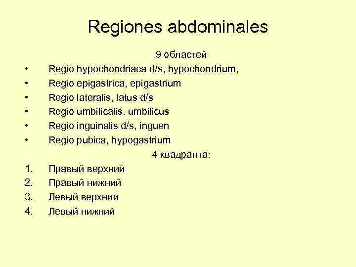 Regiones abdominales • • • 1. 2. 3. 4. 9 областей Regio hypochondriaca d/s,