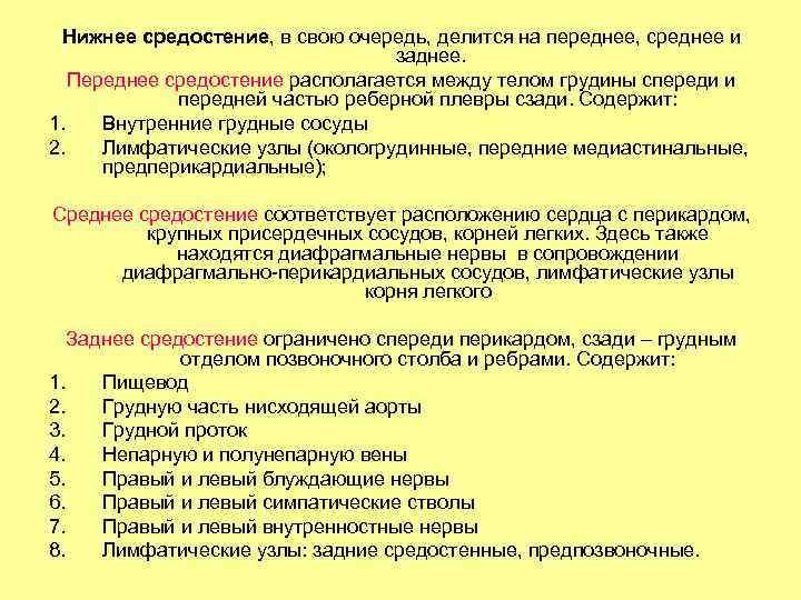 Нижнее средостение, в свою очередь, делится на переднее, среднее и заднее. Переднее средостение располагается
