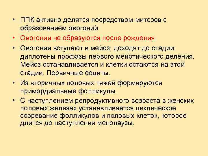  • ППК активно делятся посредством митозов с образованием овогоний. • Овогонии не образуются