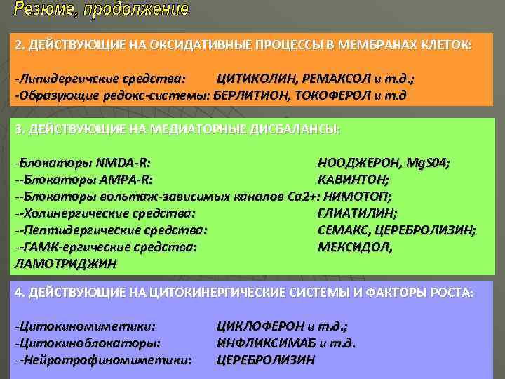 2. ДЕЙСТВУЮЩИЕ НА ОКСИДАТИВНЫЕ ПРОЦЕССЫ В МЕМБРАНАХ КЛЕТОК: -Липидергичские средства: ЦИТИКОЛИН, РЕМАКСОЛ и т.