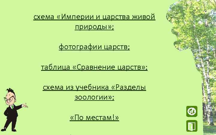 схема «Империи и царства живой природы» ; фотографии царств; таблица «Сравнение царств» ; схема