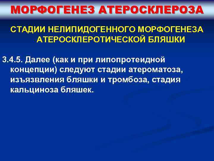 МОРФОГЕНЕЗ АТЕРОСКЛЕРОЗА СТАДИИ НЕЛИПИДОГЕННОГО МОРФОГЕНЕЗА АТЕРОСКЛЕРОТИЧЕСКОЙ БЛЯШКИ 3. 4. 5. Далее (как и при