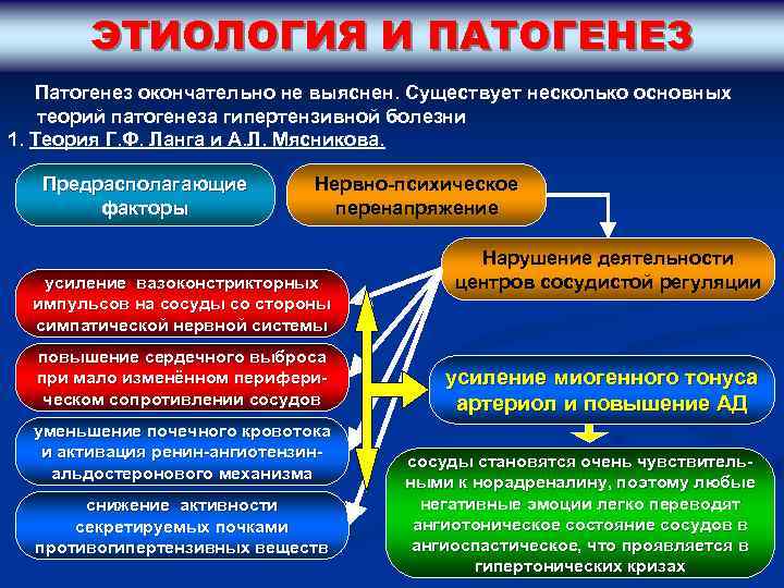 ЭТИОЛОГИЯ И ПАТОГЕНЕЗ Патогенез окончательно не выяснен. Существует несколько основных теорий патогенеза гипертензивной болезни