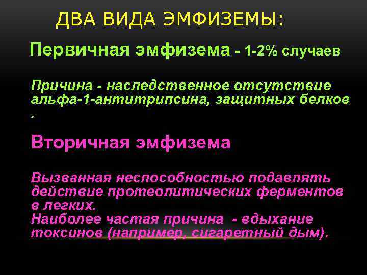 ДВА ВИДА ЭМФИЗЕМЫ: Первичная эмфизема - 1 -2% случаев Причина - наследственное отсутствие альфа-1