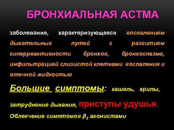 БРОНХИАЛЬНАЯ АСТМА заболевание, характеризующееся дыхательных путей гиперреактивности воспалением с бронхов, развитием бронхоспазма, инфильтрацией слизистой