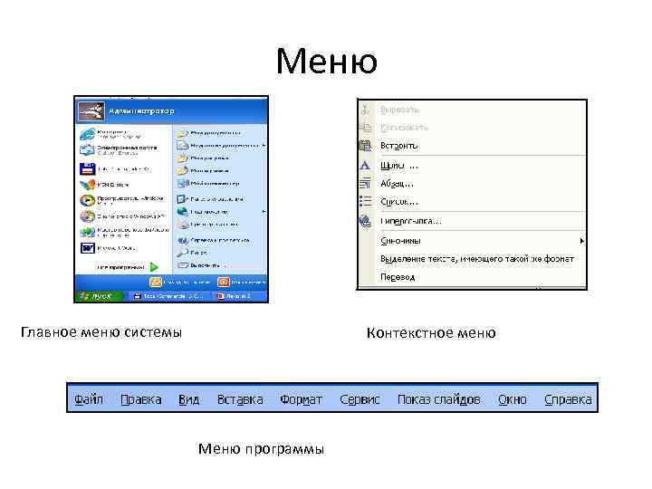 Меню Главное меню системы Контекстное меню Меню программы 